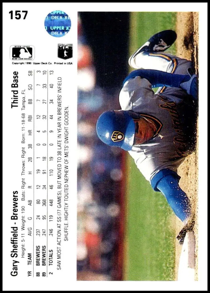 Baseball card of Gary Sheffield sliding into base in blue uniform from Upper Deck