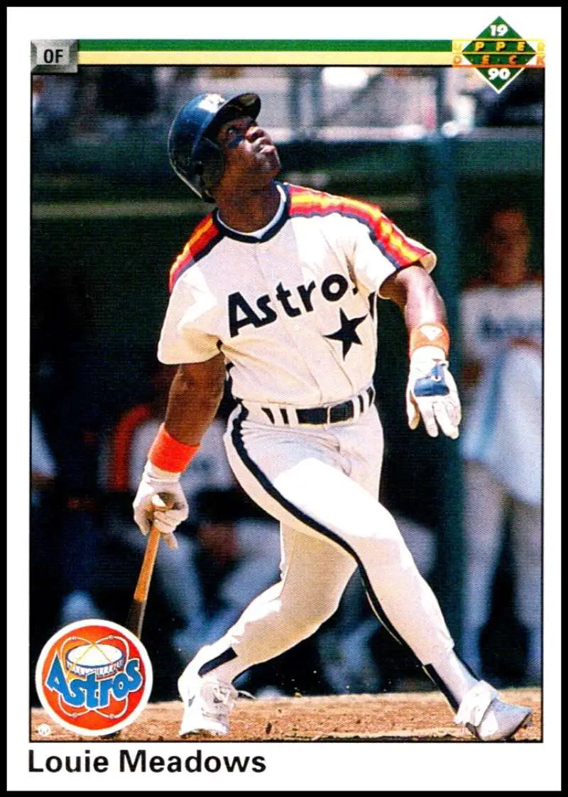 Baseball player in Houston Astros uniform swinging bat for Louie Meadows card