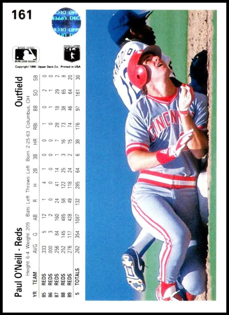 Paul O’Neill catching a ball against a wall on Cincinnati Reds baseball card