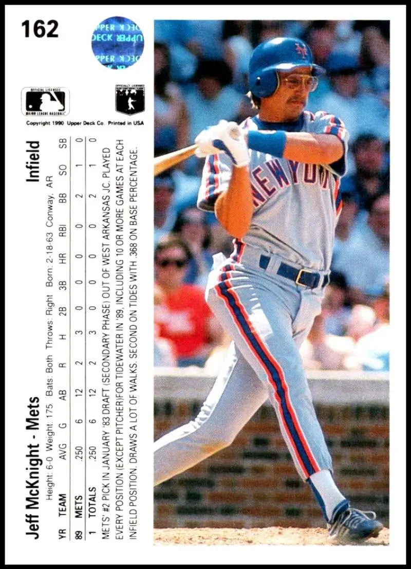 Jeff McKnight swinging bat in New York Mets uniform on baseball card display