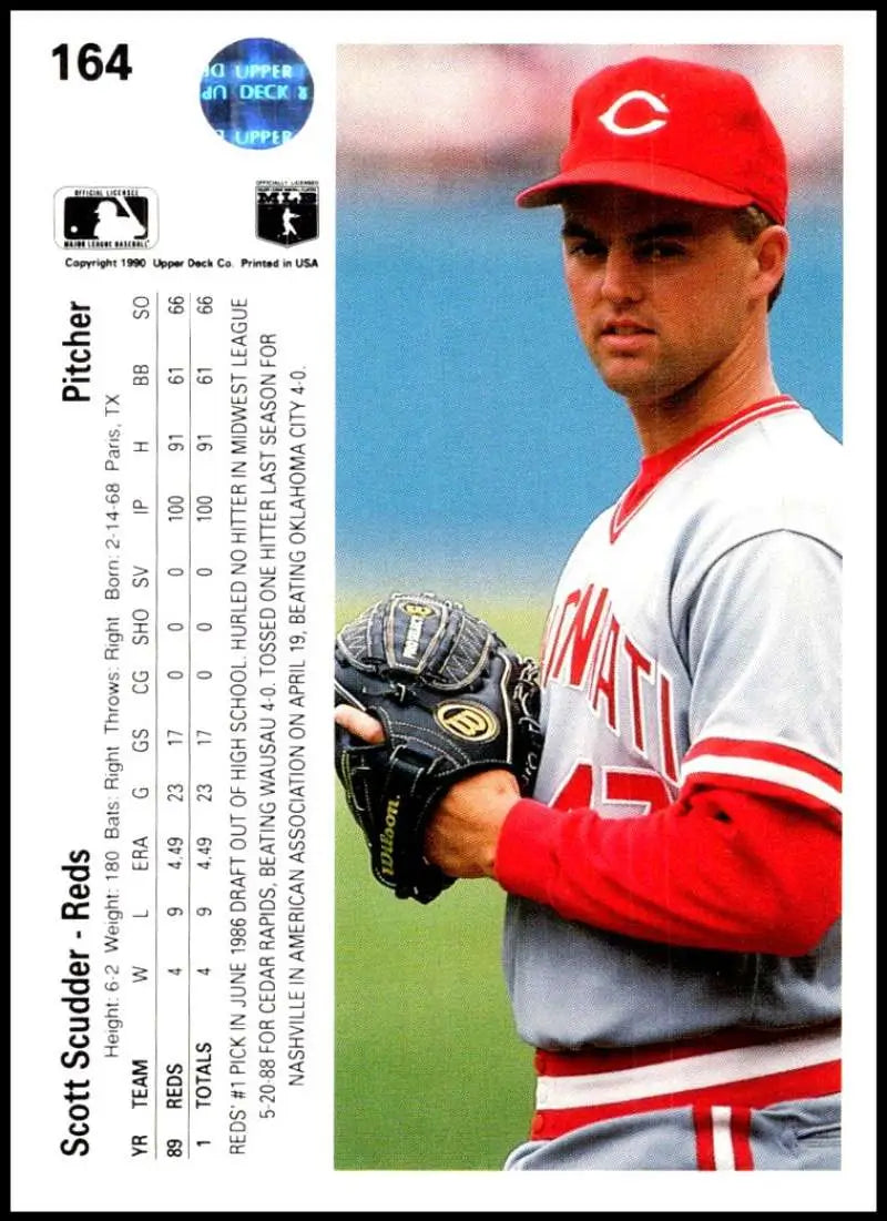 Scott Scudder in Cincinnati Reds uniform with glove on 1990 Upper Deck baseball card
