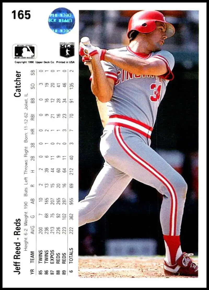 Baseball player Jeff Reed in Cincinnati Reds uniform swinging bat on card