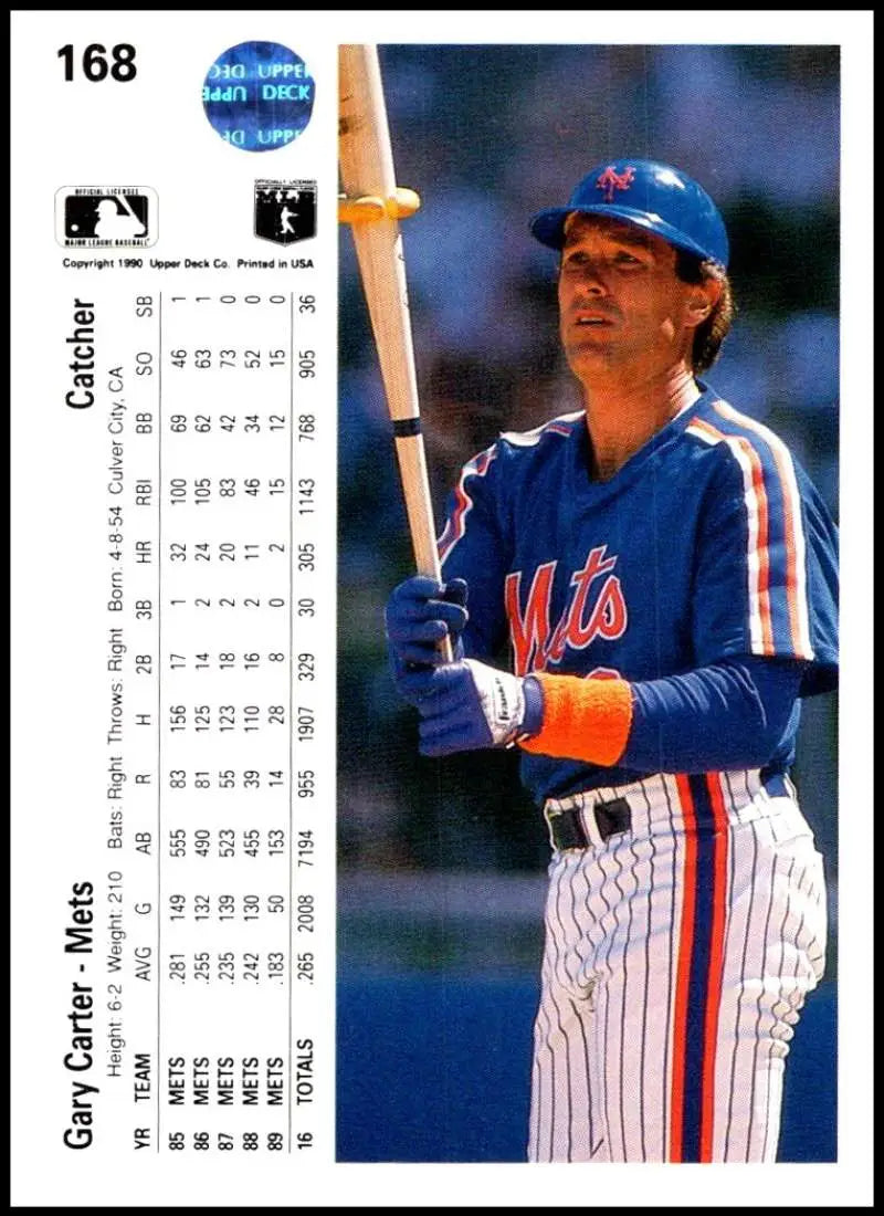Baseball card of Gary Carter in classic Mets pinstriped uniform by Upper Deck