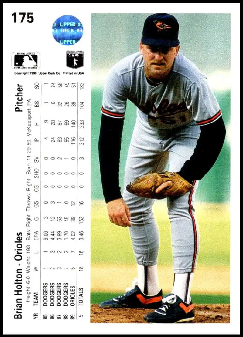 Brian Holton 1990 Upper Deck baseball card of Orioles pitcher in pitching stance