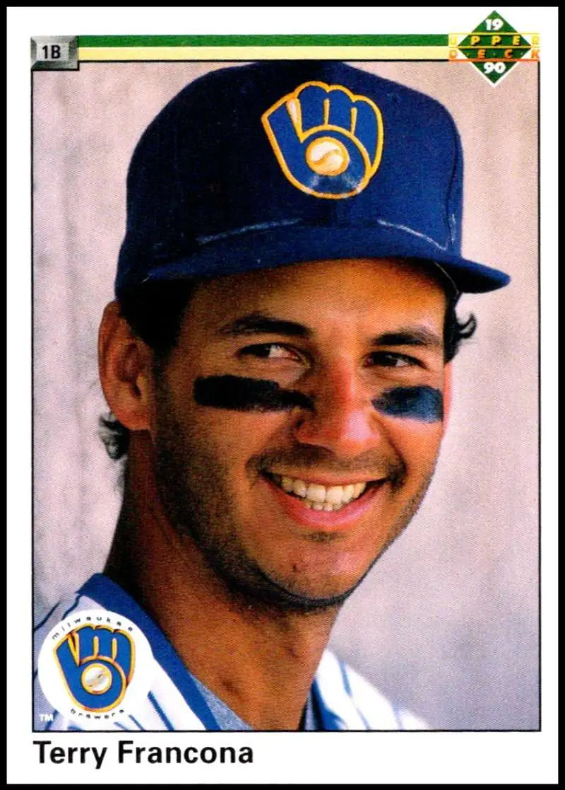 Terry Francona in blue cap with Milwaukee Brewers logo on 1990 Upper Deck card