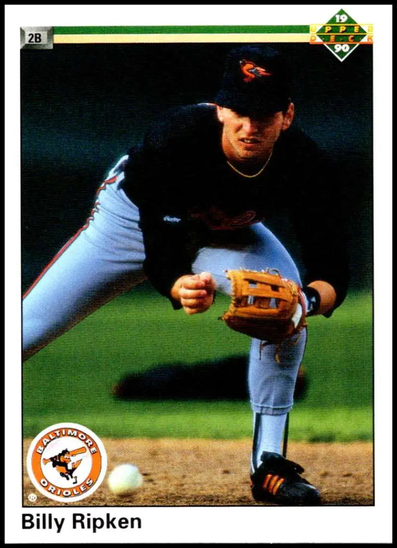 Baseball player Billy Ripken in Orioles uniform fielding ground ball for Upper Deck card