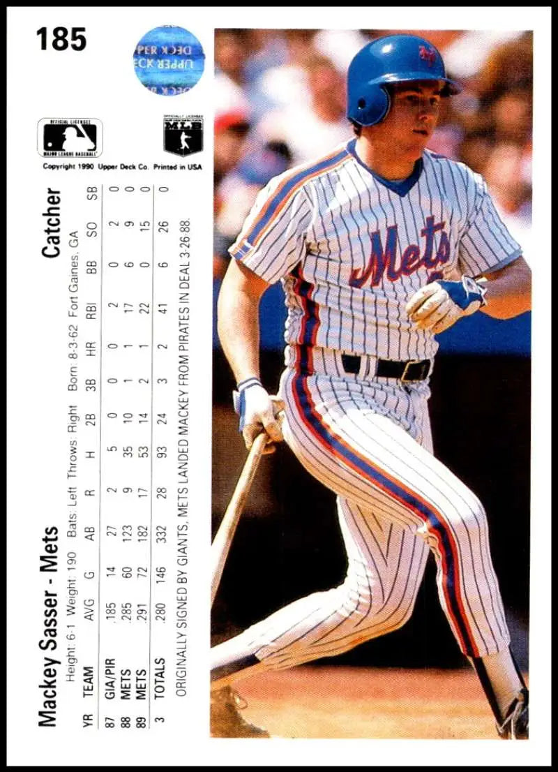Mackey Sasser swinging bat on 1990 Upper Deck New York Mets Baseball Card