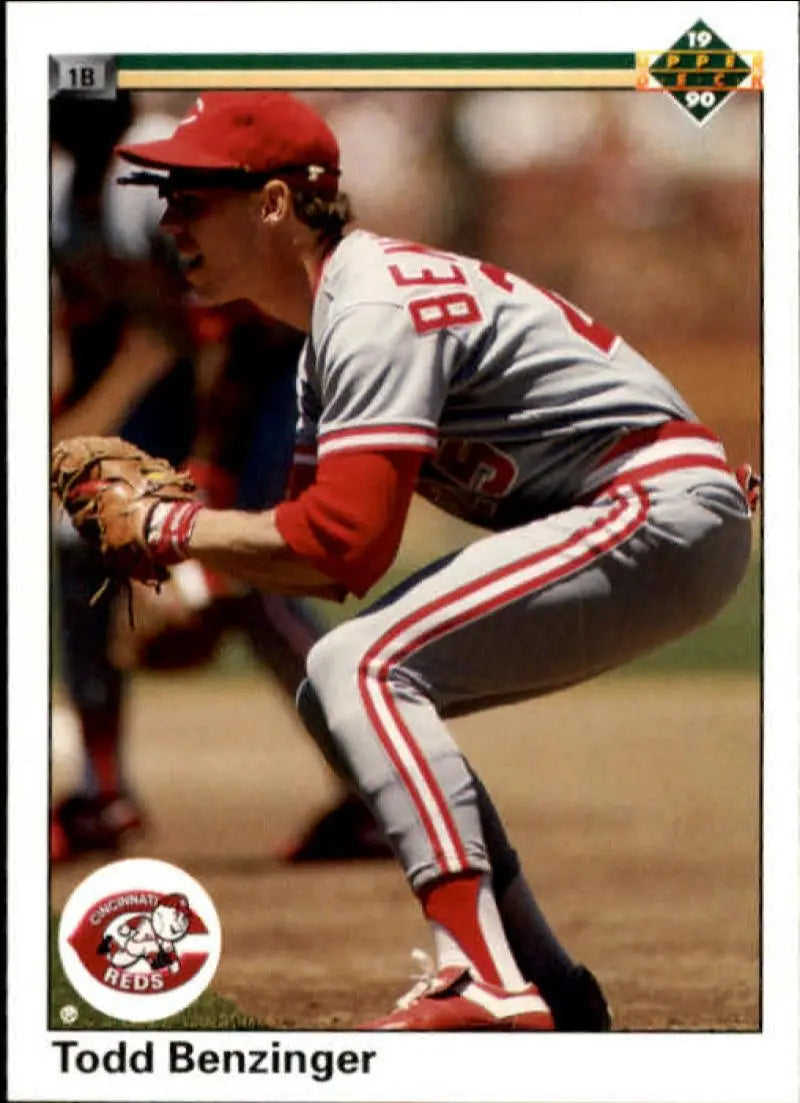 Cincinnati Reds player Todd Benzinger in fielding stance on 1990 Upper Deck card