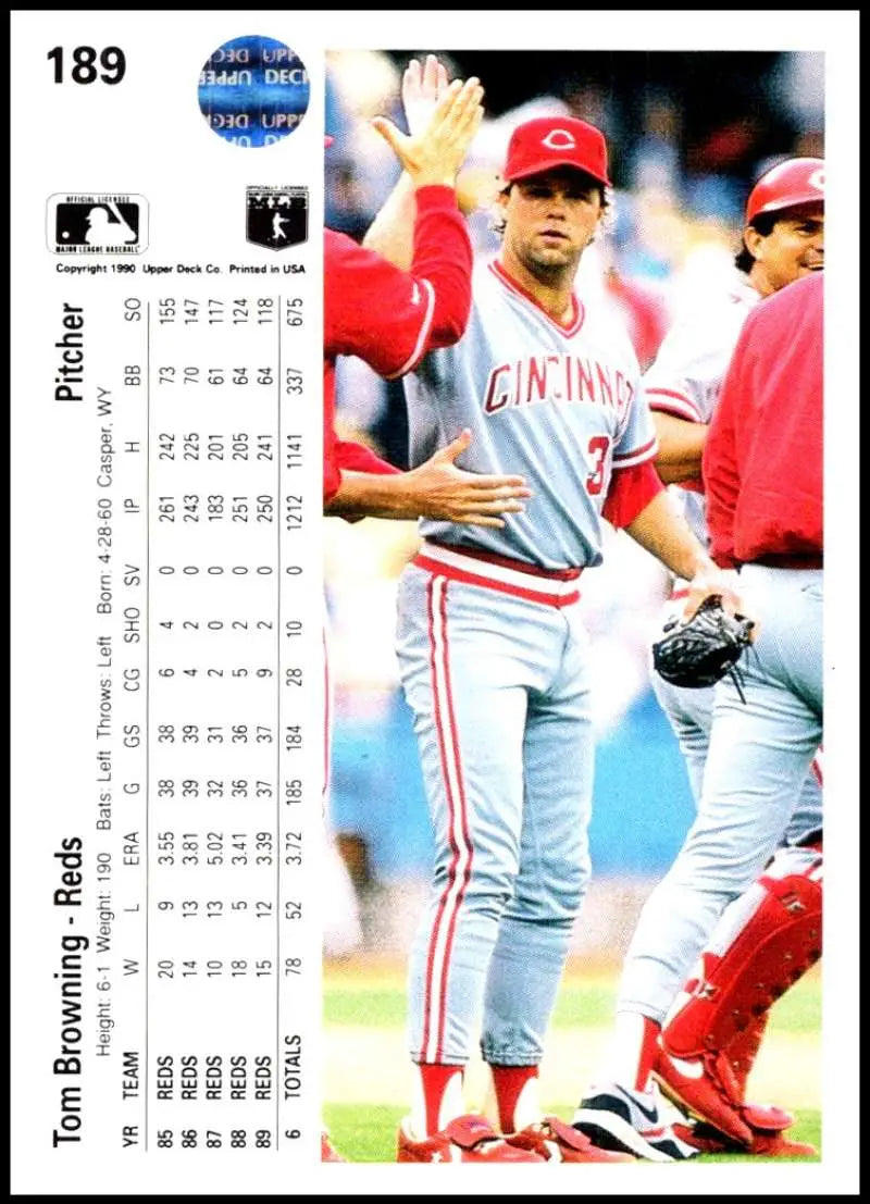 Tom Browning in gray uniform high-fiving on 1990 Upper Deck Cincinnati Reds card