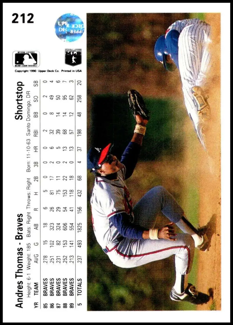 Andres Thomas diving catch in gray uniform on 1990 Upper Deck Atlanta Braves card