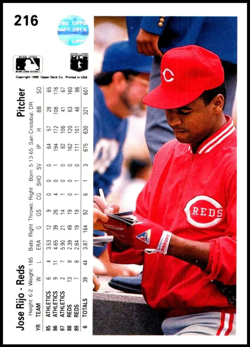 Jose Rijo signing autographs in red uniform on 1990 Upper Deck Cincinnati Reds Baseball Card