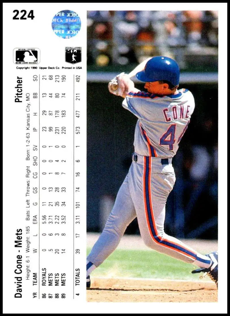 David Cone mid-swing in white uniform on 1990 Upper Deck New York Mets baseball card