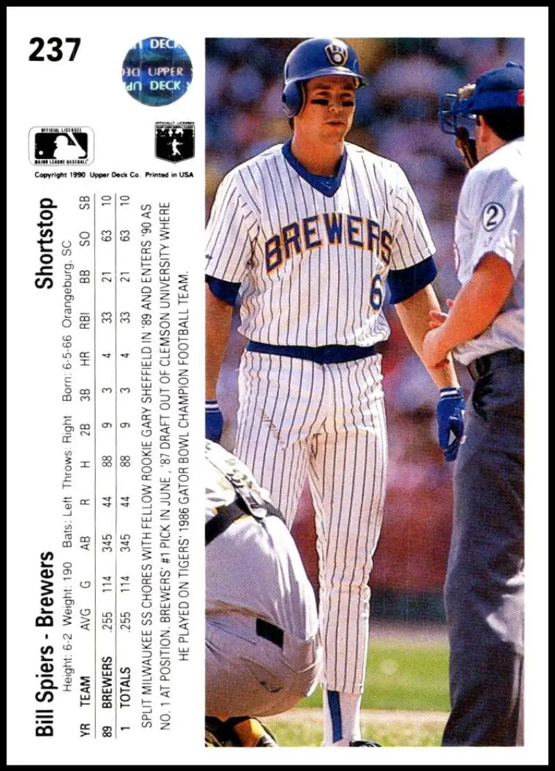 Baseball card of Bill Spiers in pinstriped home uniform for Milwaukee Brewers