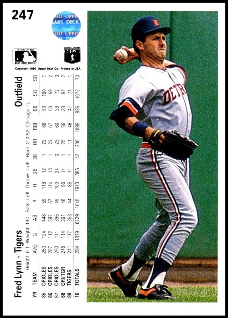 Baseball player Fred Lynn in Detroit Tigers uniform on 1990 baseball card