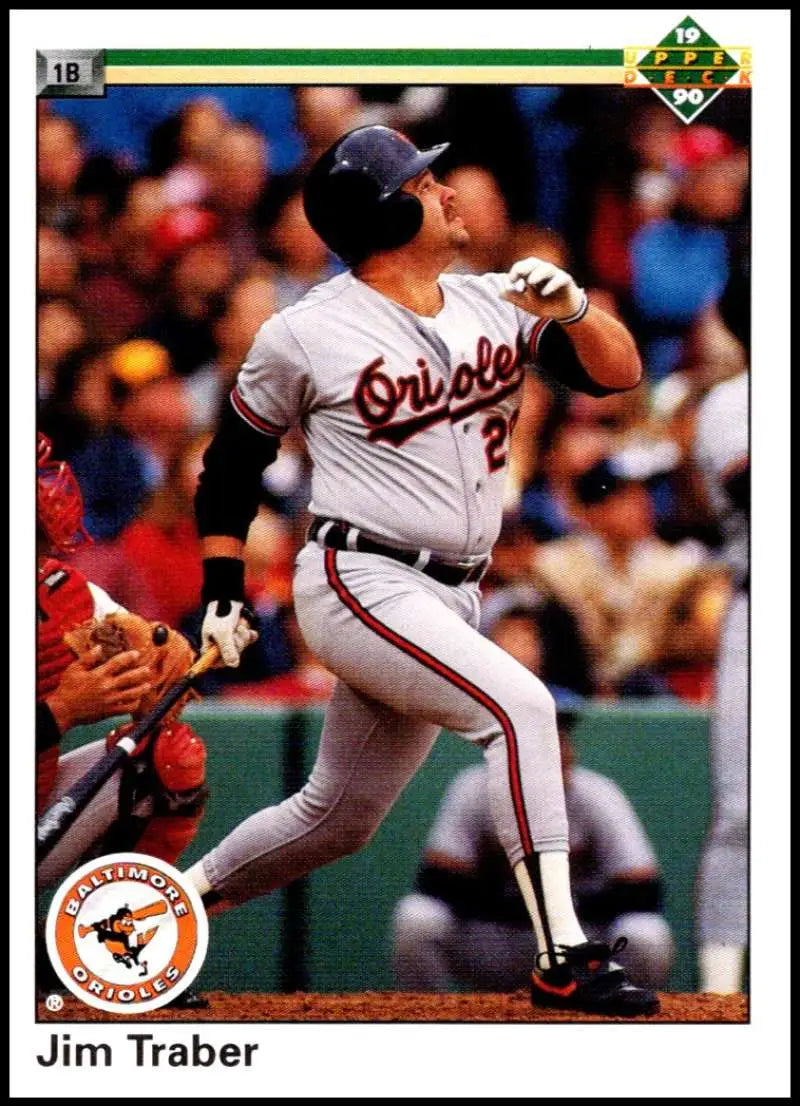 Jim Traber swinging a bat for the Baltimore Orioles in Upper Deck baseball card image