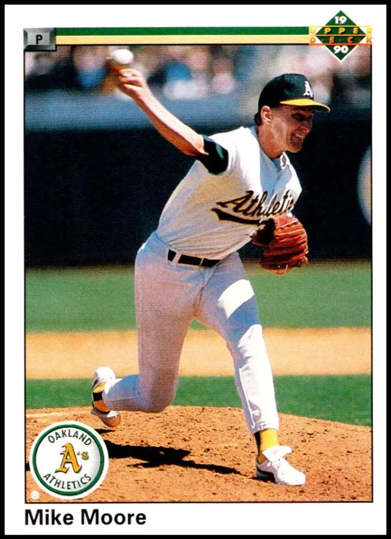 Mike Moore in Oakland Athletics uniform mid-delivery on mound for Upper Deck card