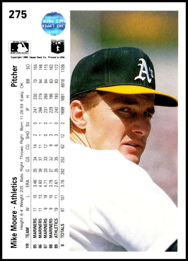 1990 Upper Deck #275 Mike Moore Oakland Athletics baseball card in white uniform