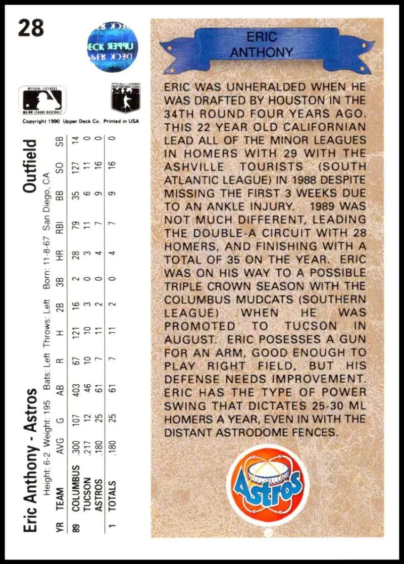 Eric Anthony Upper Deck baseball card featuring stats and bio of Astros rookie