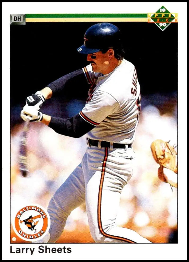 Larry Sheets swinging a bat in Baltimore Orioles uniform on Upper Deck baseball card