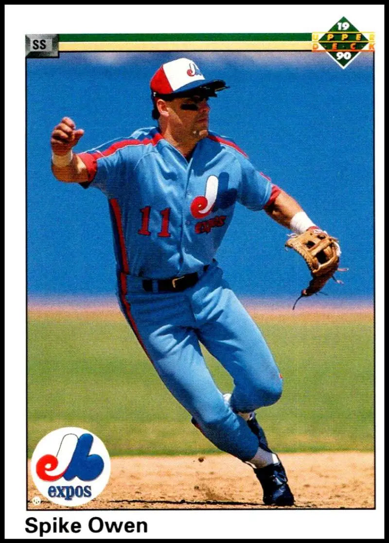 Baseball card of Spike Owen in a light blue Montreal Expos uniform fielding a ball