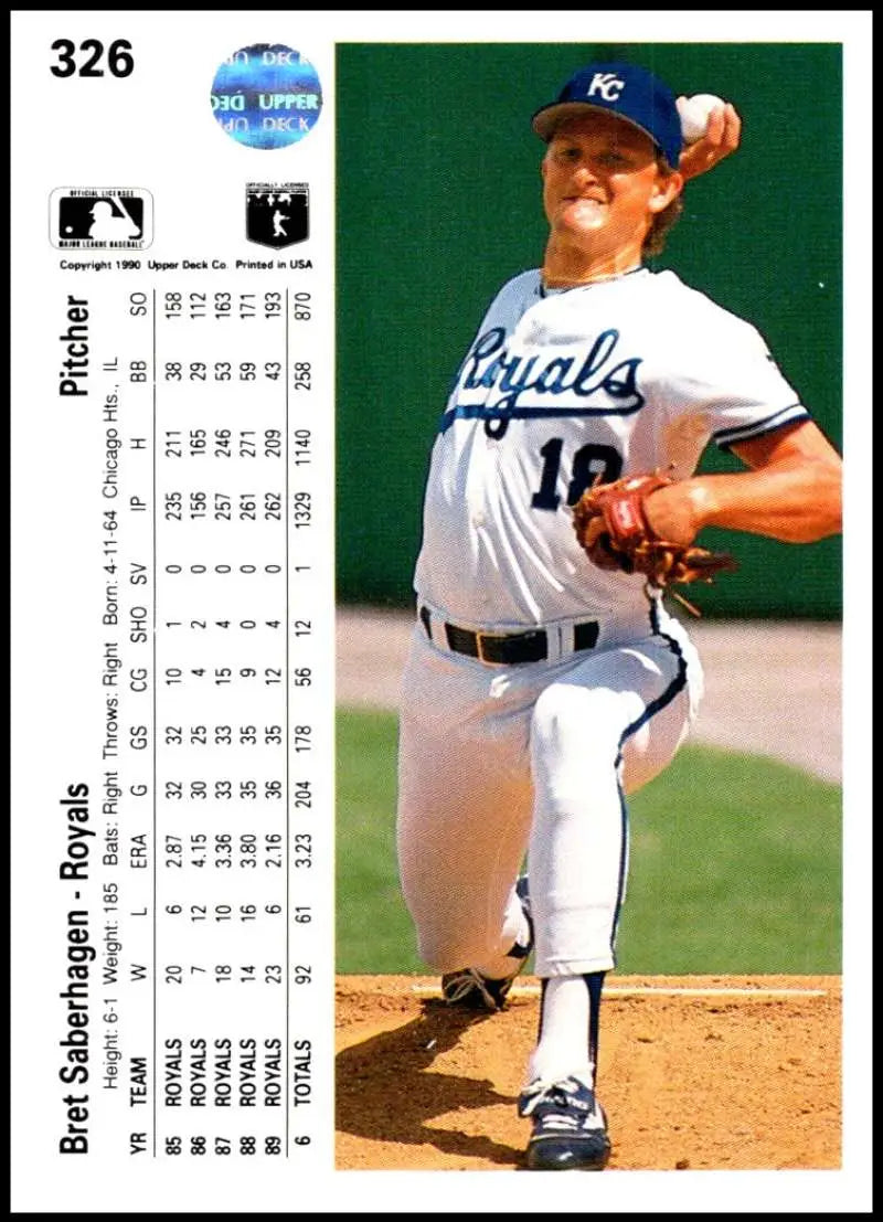 Baseball card of Bret Saberhagen delivering a pitch for Kansas City Royals