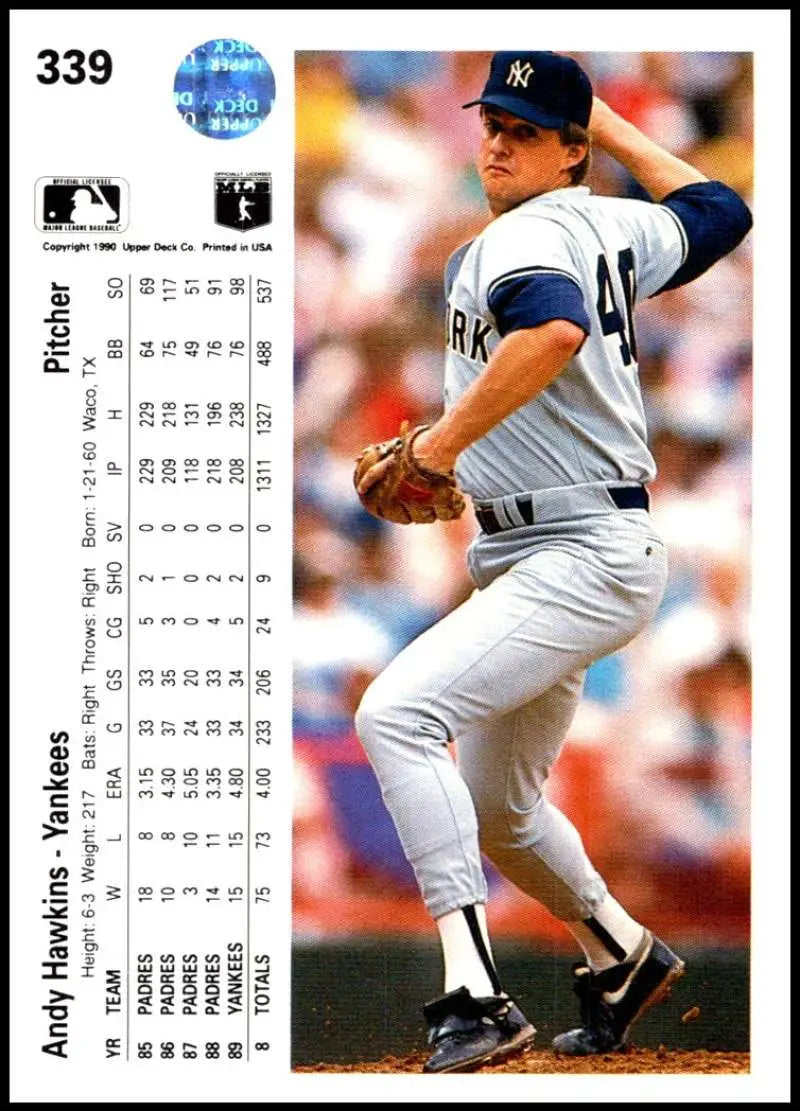 Andy Hawkins delivering a pitch on his 1990 Upper Deck Baseball Card for Yankees