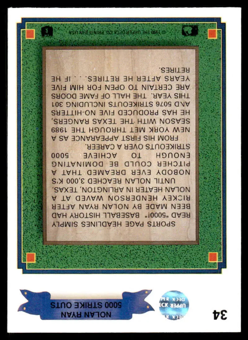 Nolan Ryan Texas Rangers Baseball Card with green border and upside down text