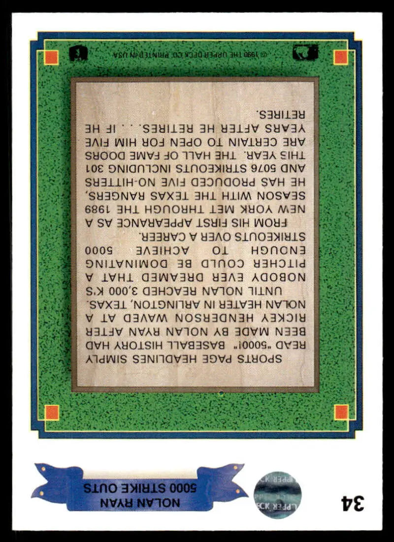 1990 Upper Deck Nolan Ryan Baseball Card with green border background