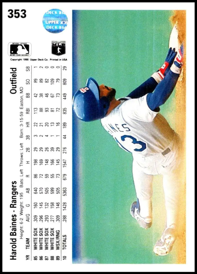 Harold Baines Texas Rangers baseball card featuring a leaping catch action shot