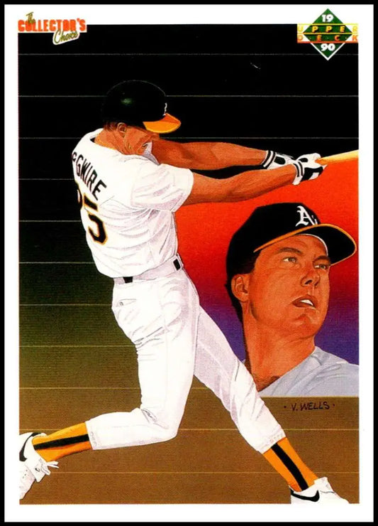 Mark McGwire batting in white uniform on 1990 Upper Deck Oakland Athletics Baseball Card