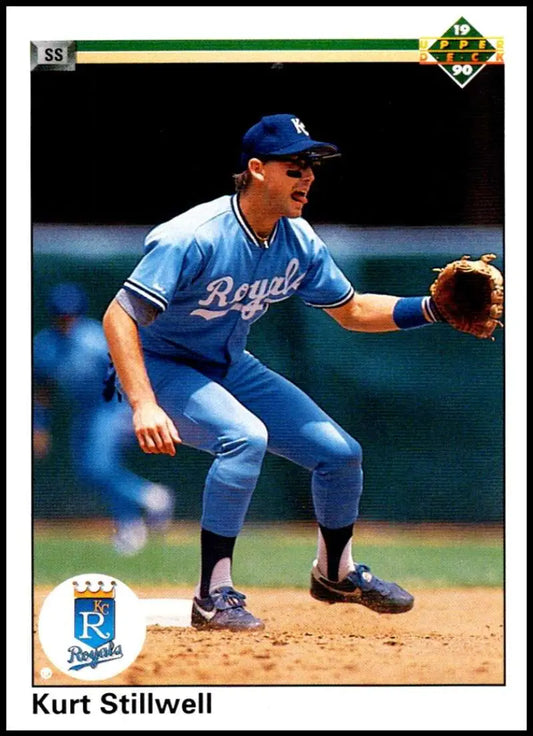 Kurt Stillwell fields on the mound in a Kansas City Royals uniform baseball card image