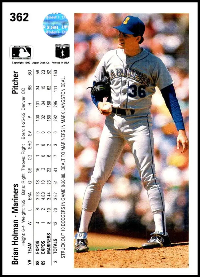 Baseball card of Brian Holman pitching for Seattle Mariners in white uniform