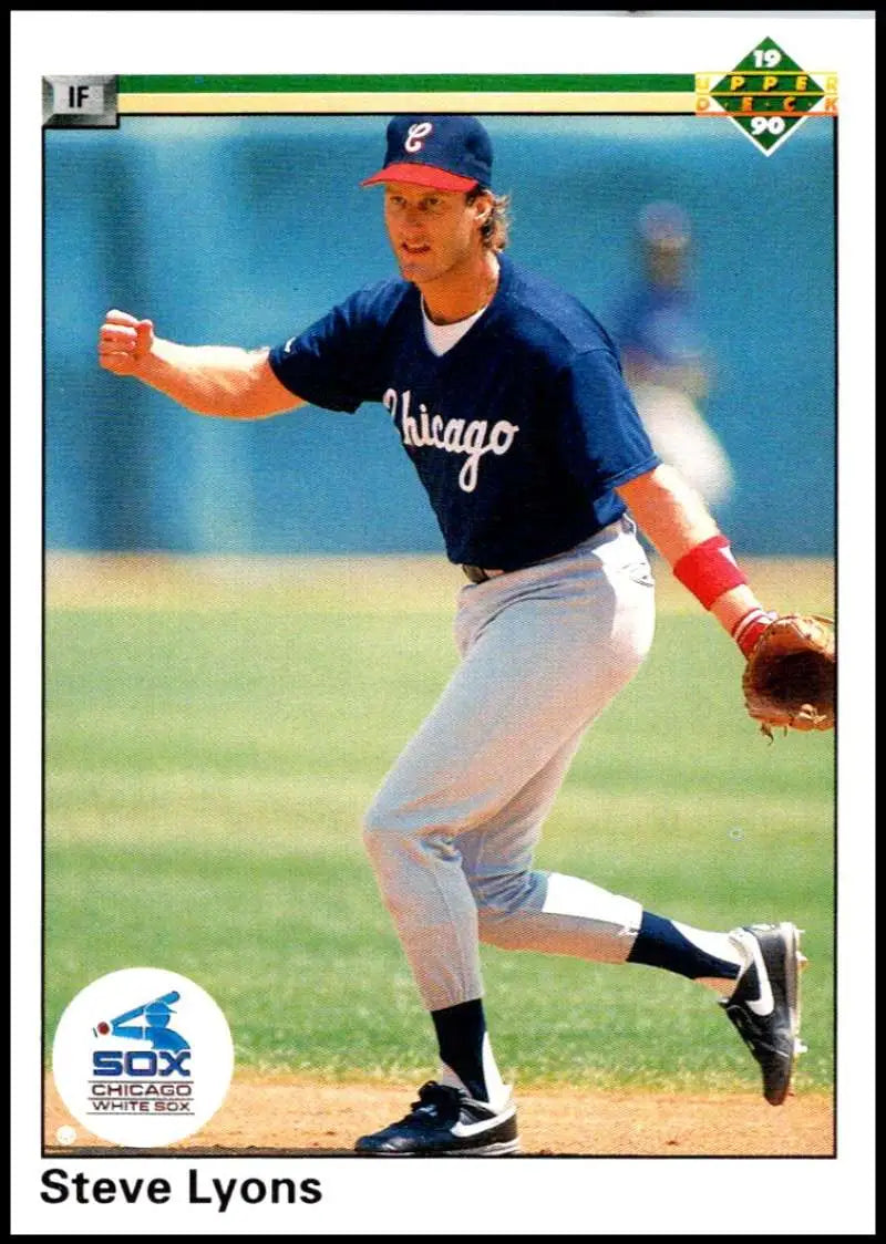 Baseball player Steve Lyons in a Chicago White Sox uniform mid-pitch on the field
