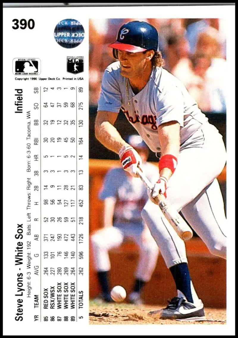 Baseball card of Steve Lyons bunting for the White Sox from Upper Deck 1990