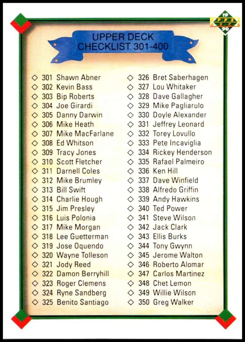 Baseball card checklist showing player names 301-350 from Upper Deck 1990 set