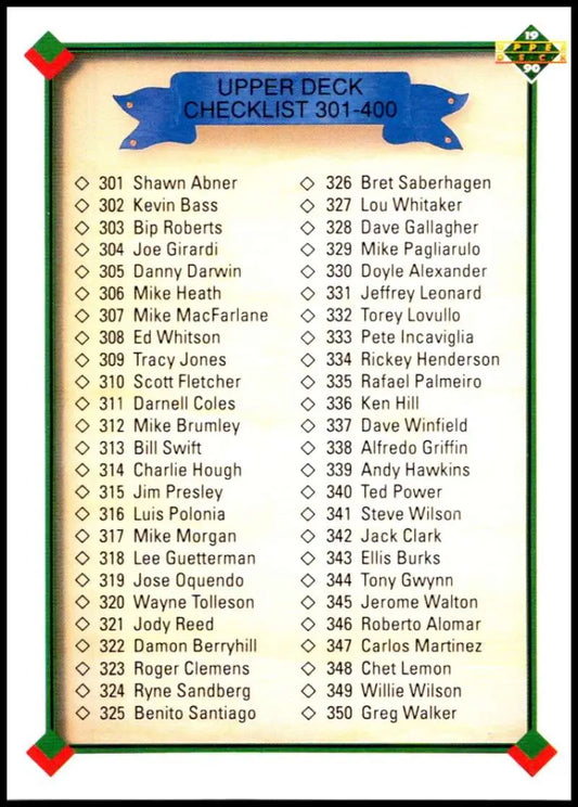 Baseball card checklist showing player names 301-350 from Upper Deck 1990 set