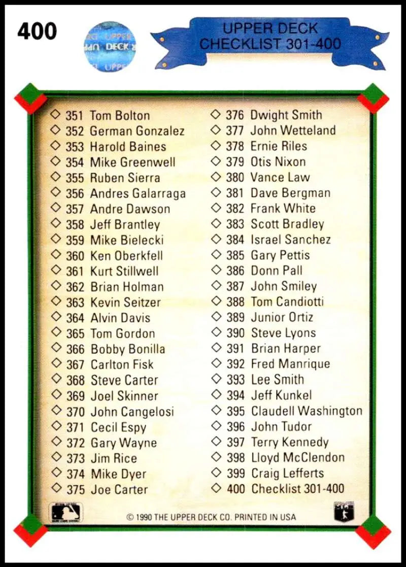 1990 Upper Deck checklist card featuring baseball players 351-400 for collectors