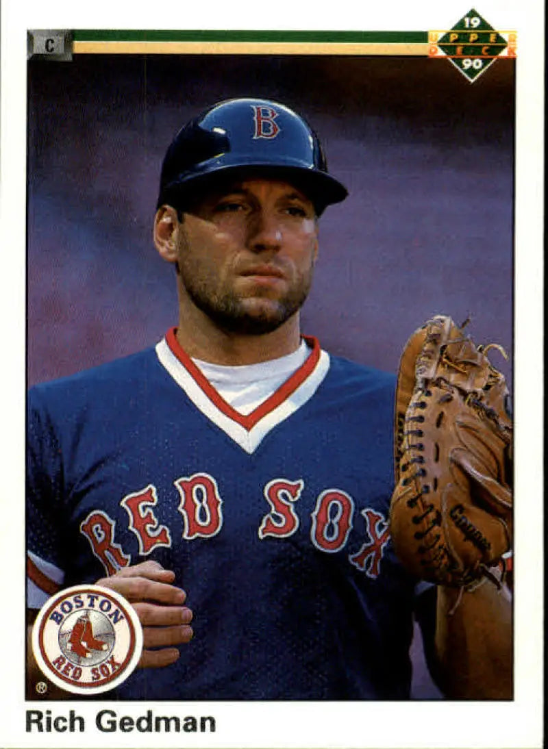 Baseball player in Boston Red Sox uniform holding glove for 1990 Upper Deck card