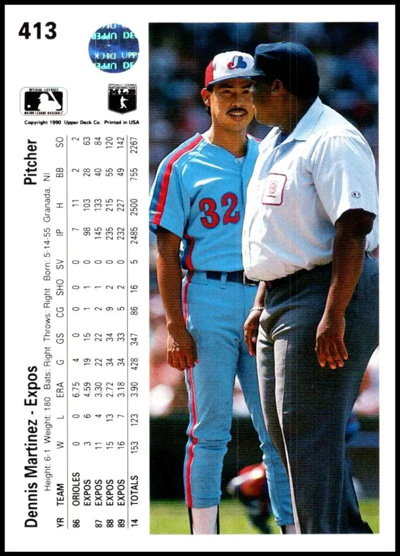 Dennis Martinez conversing with an umpire on a Montreal Expos baseball card