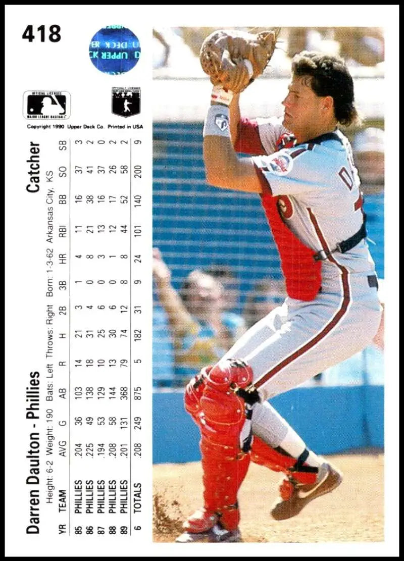 Darren Daulton catching a ball in Phillies gear on a baseball card