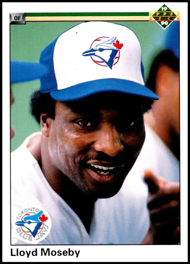 Lloyd Moseby in a white uniform and cap, smiling for the Toronto Blue Jays card