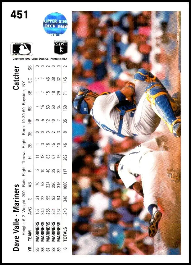 Baseball card featuring Dave Valle as a catcher at home plate from Upper Deck