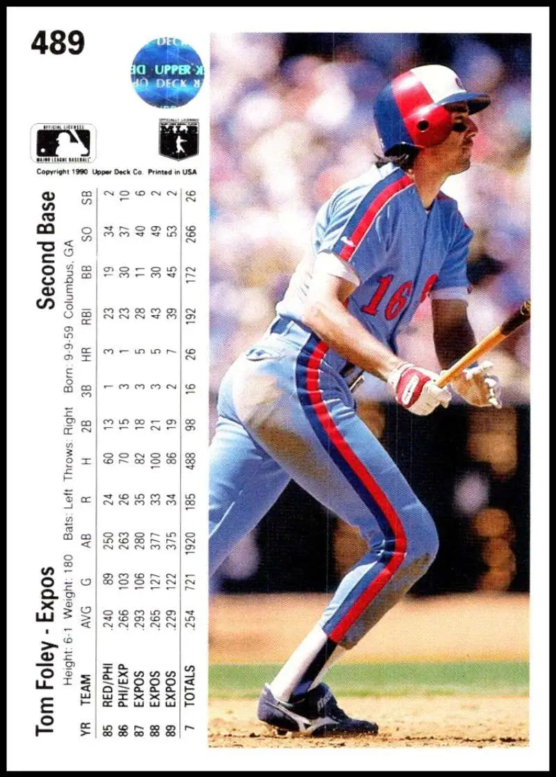 Montreal Expos Tom Foley at bat in classic powder blue uniform on 1990 Upper Deck card