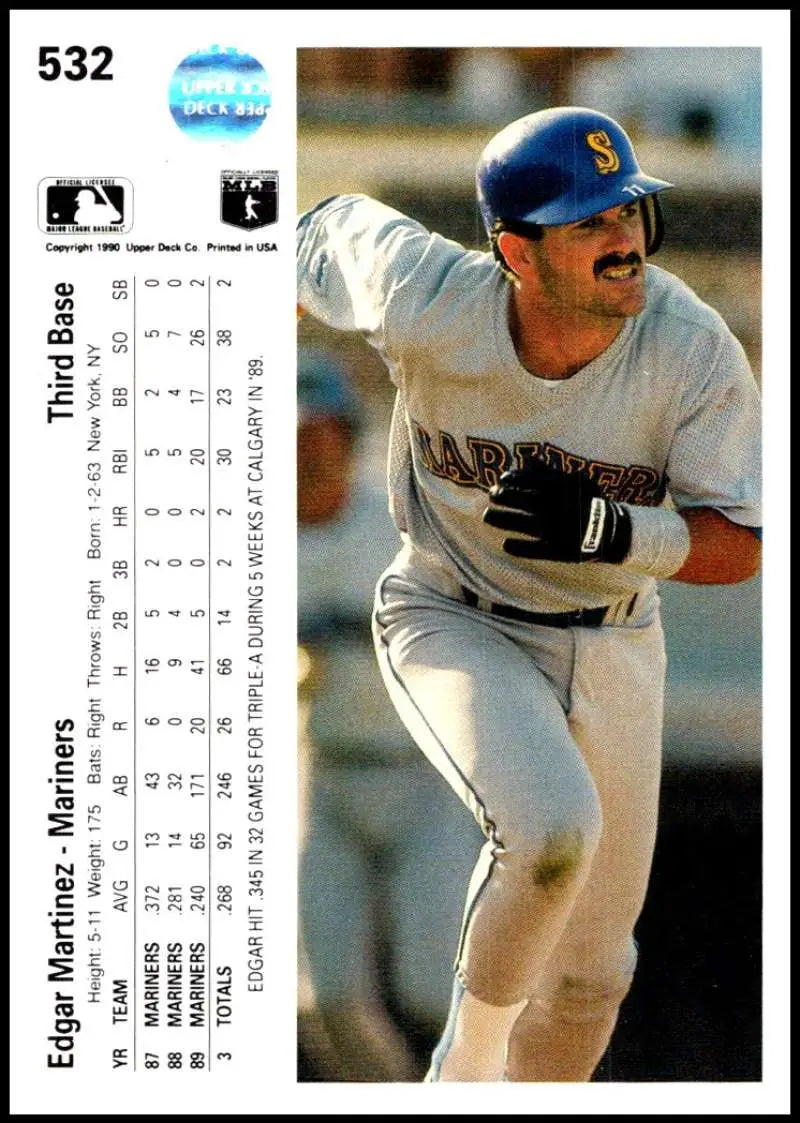 Baseball card of Edgar Martinez in a white uniform for Seattle Mariners Upper Deck