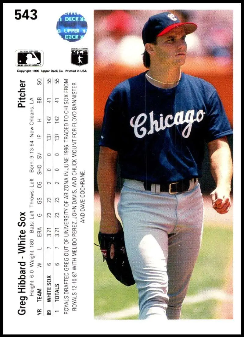 Baseball player in Chicago White Sox navy jersey and white pants, Greg Hibbard rookie card