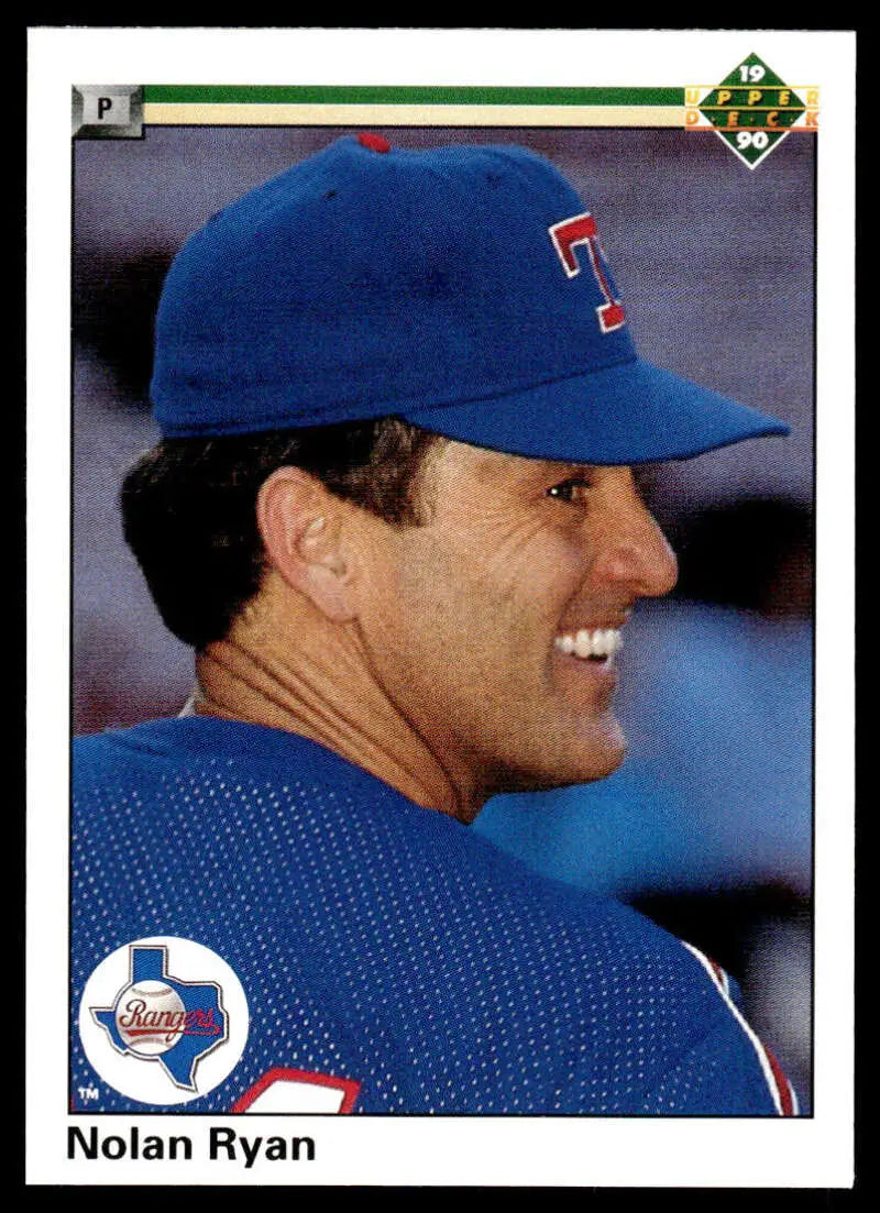 Baseball player in blue Texas Rangers gear for Nolan Ryan Upper Deck baseball card