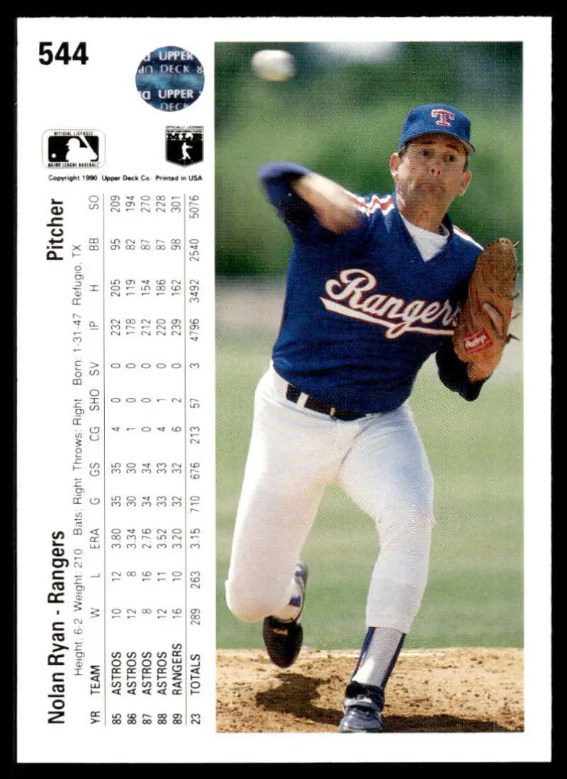 Nolan Ryan mid-throw in blue uniform on 1990 Upper Deck Texas Rangers baseball card