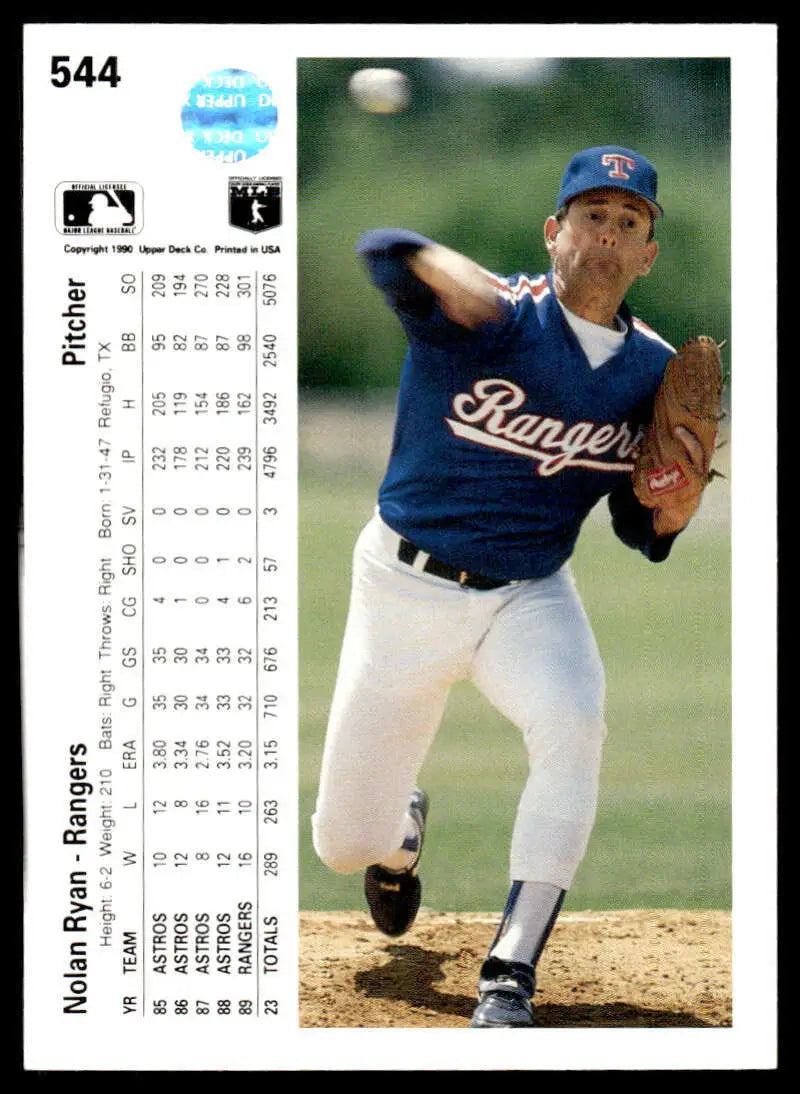 Nolan Ryan in mid-throw on 1990 Upper Deck Texas Rangers Baseball Card
