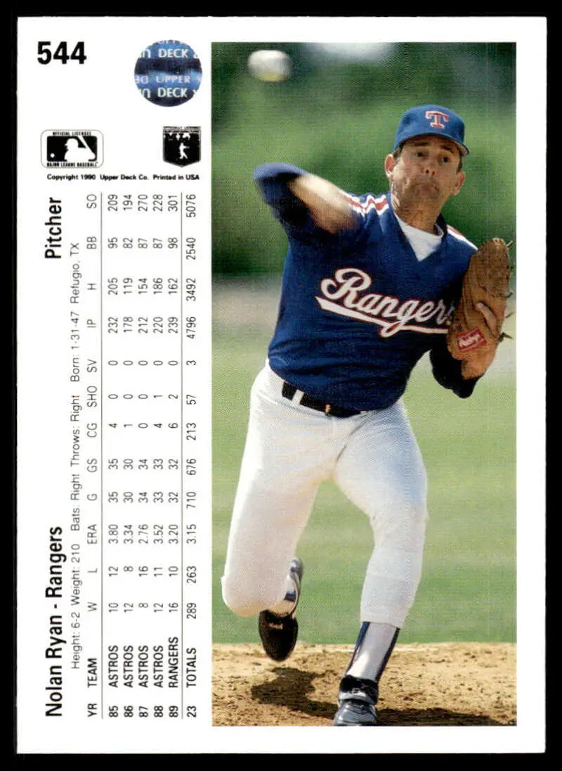 Nolan Ryan Texas Rangers pitcher baseball card in mid-throw, Upper Deck 1990