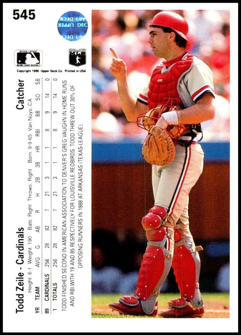 Baseball card of Todd Zeile in red and white St. Louis Cardinals uniform signaling